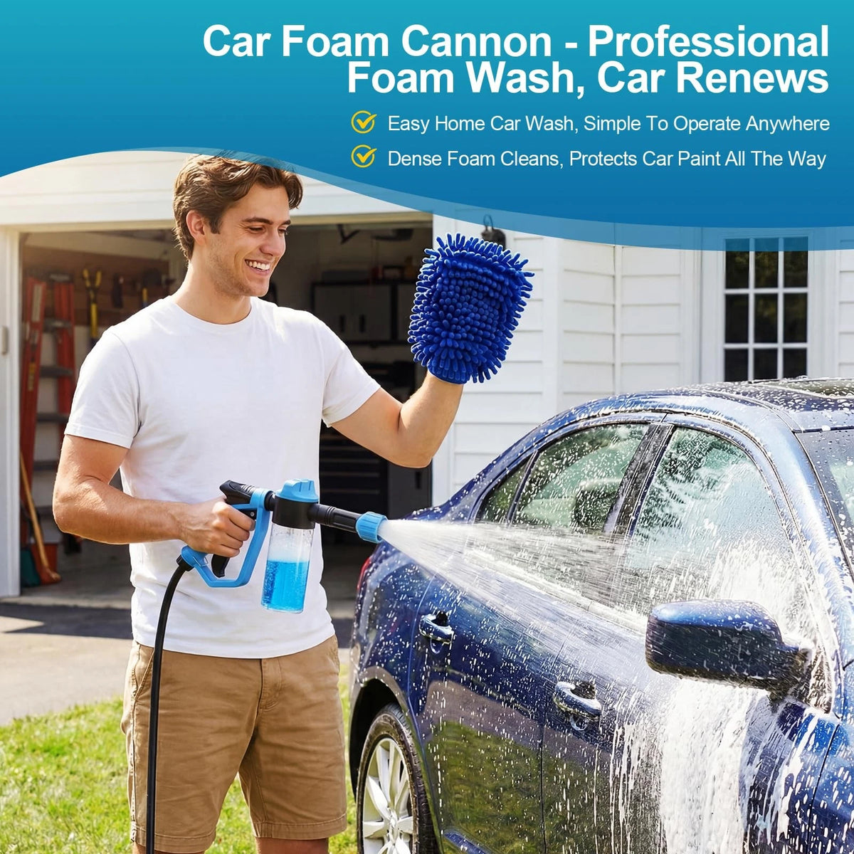 Car Wash Foam Gun for Garden Hose, with Microfiber Universal Size, Blue