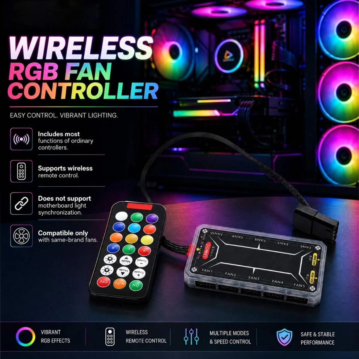 Adjustable RGB Light Fan Controller Remote Control Computer Case Hub Adapter Kit