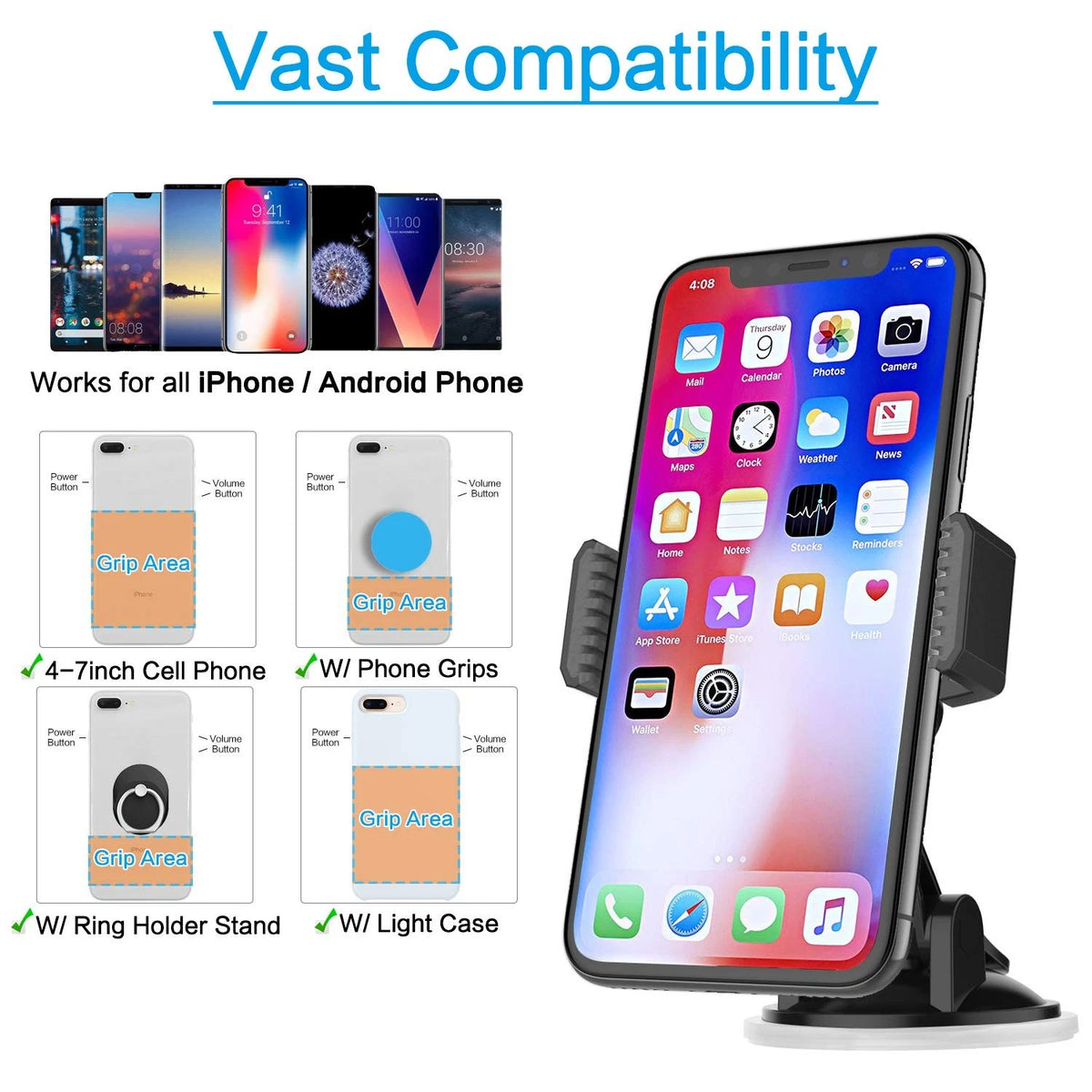 APPS2Car Suction Cup Phone Holder for Car with Adjustable Mount