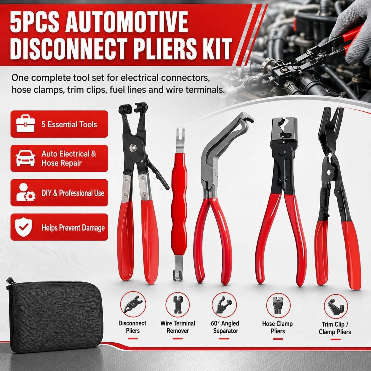 Automotive Electrical Disconnect Pliers Kit 5pc Fuel Line Tool Set Silver