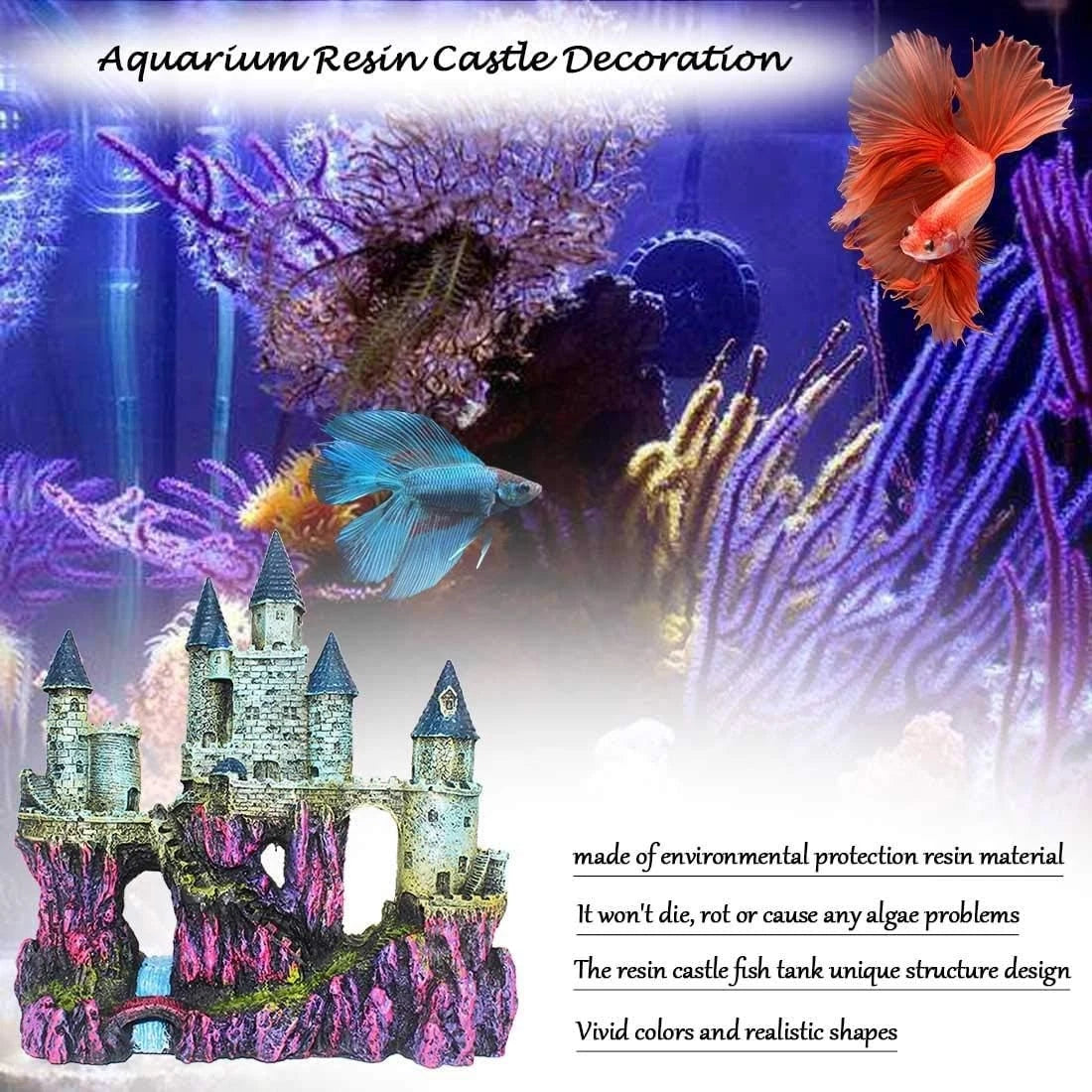 MUYG Aquarium Castle Decor, Resin for Fish 9.1 x 3.6 x 10 inch, 【blue】