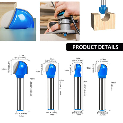 4PCS 1/4 Inch Shank Carbide Round Nose Core Router Bit Set Woodworking Tool