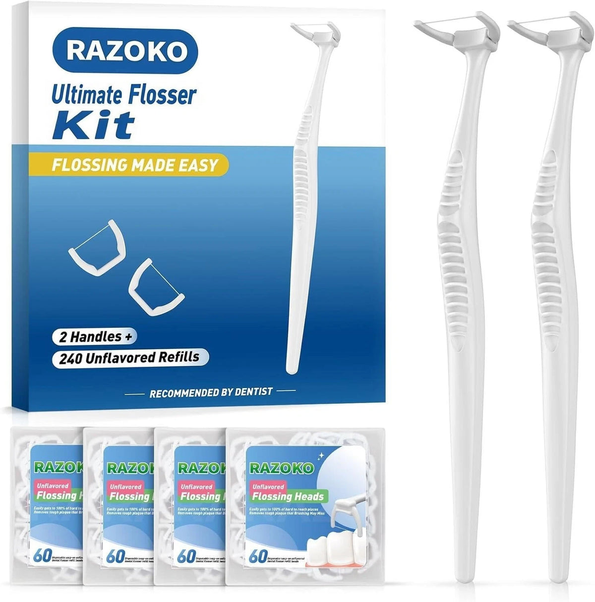 RAZOKO Reusable Dental Flosser Kit, Extra Strong 240 Count (Pack of 1), White