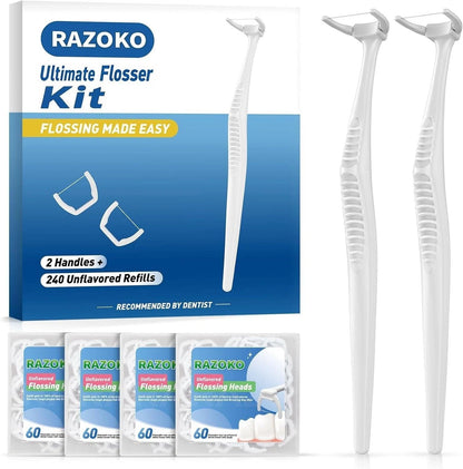 RAZOKO Reusable Dental Flosser Kit, Extra Strong 240 Count (Pack of 1), White