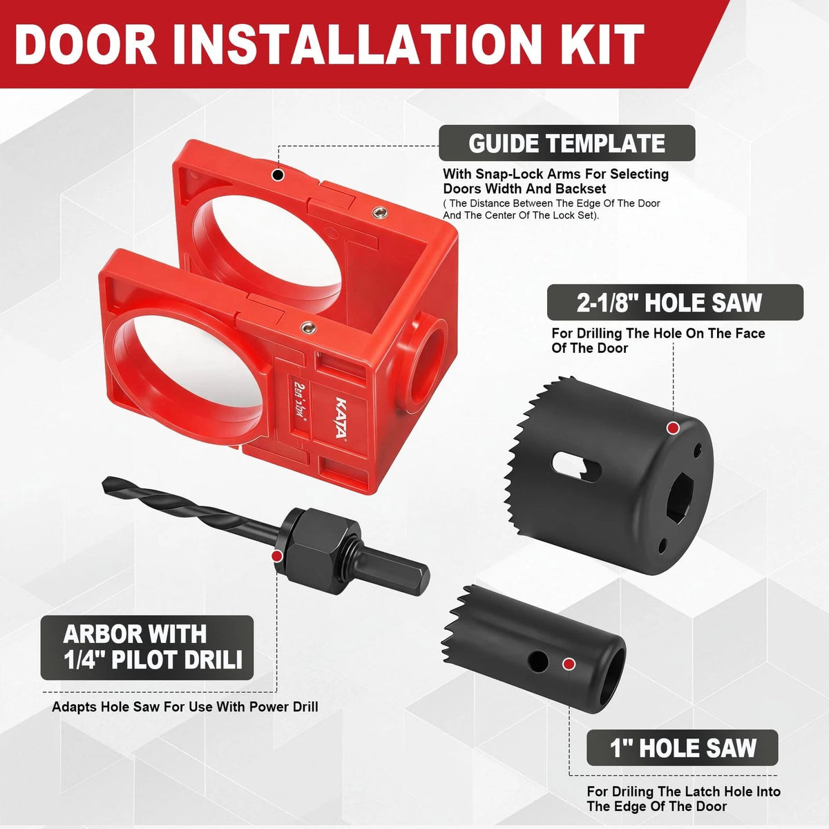 KATA Door Hinge Mortise Jig & Lock Installation Kit for 2.5"–5" Red