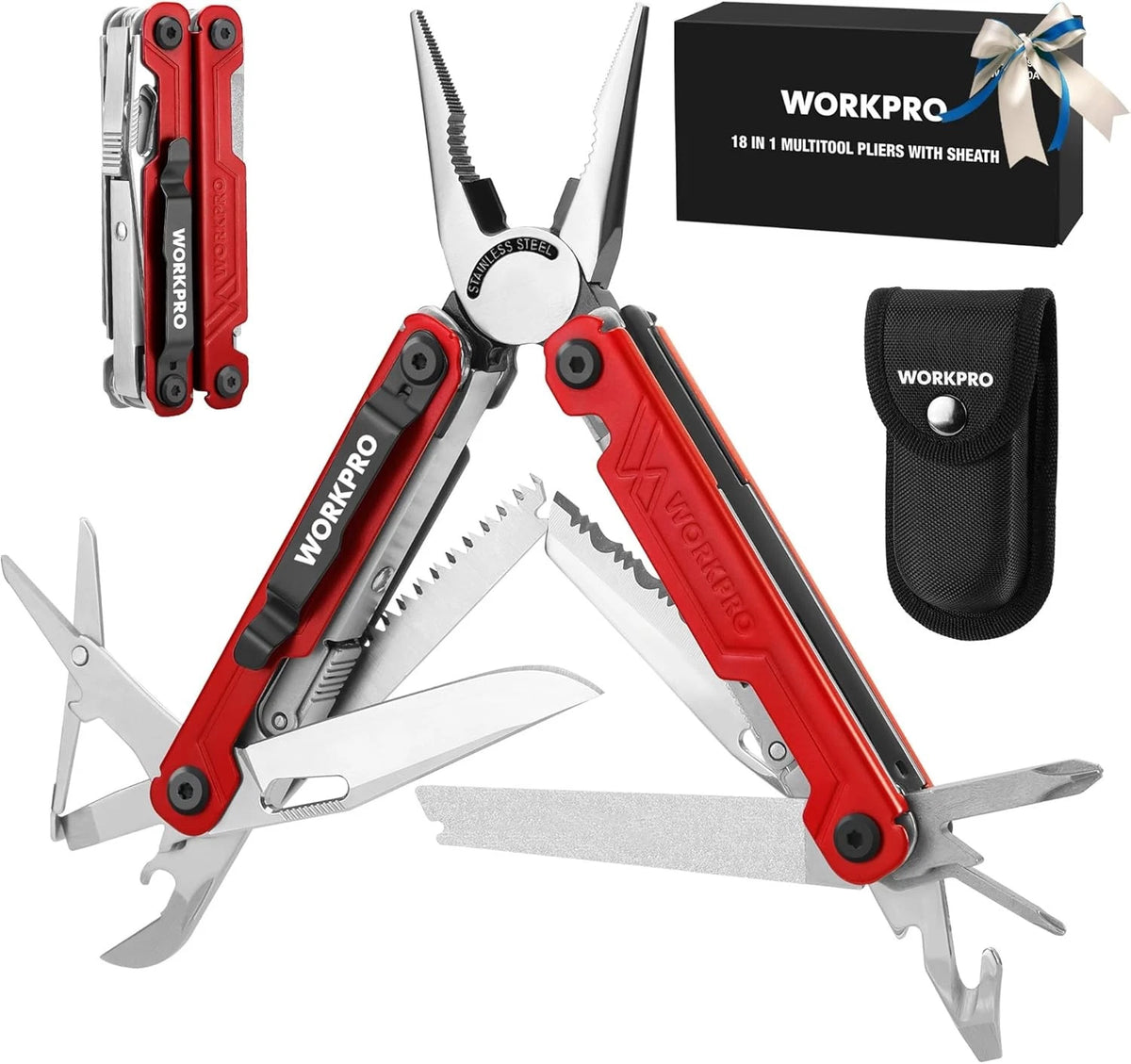 WORKPRO 18-in-1 Multi Tool Pliers, Gifts for Dad, Stainless 18-in-1, Red