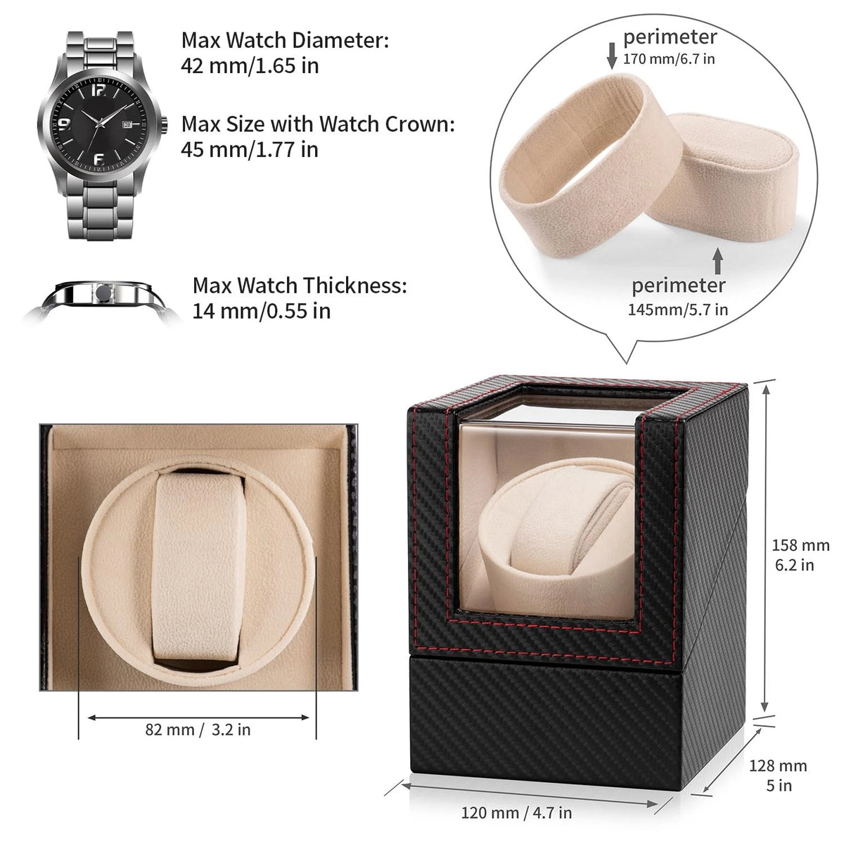 Efaithtek Automatic Single Watch Winder in Black Carbon Fiber Leather
