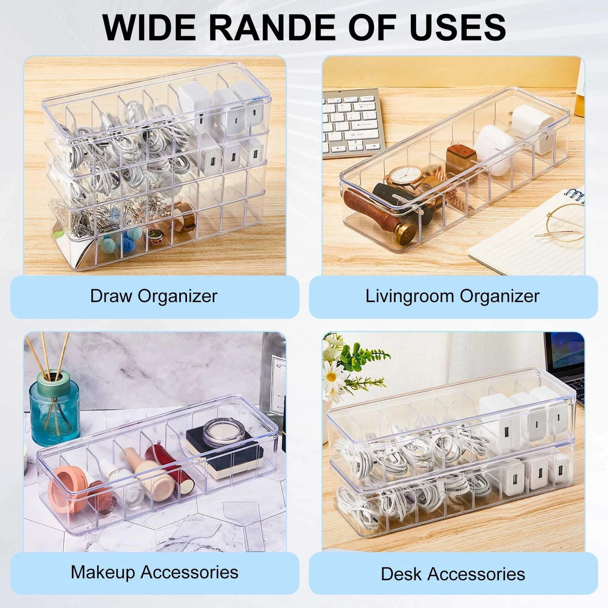Tatuo 1 Pcs Cable Organizer Box with Wire 10.79'' X 3.78'' X 1.97'', Clear