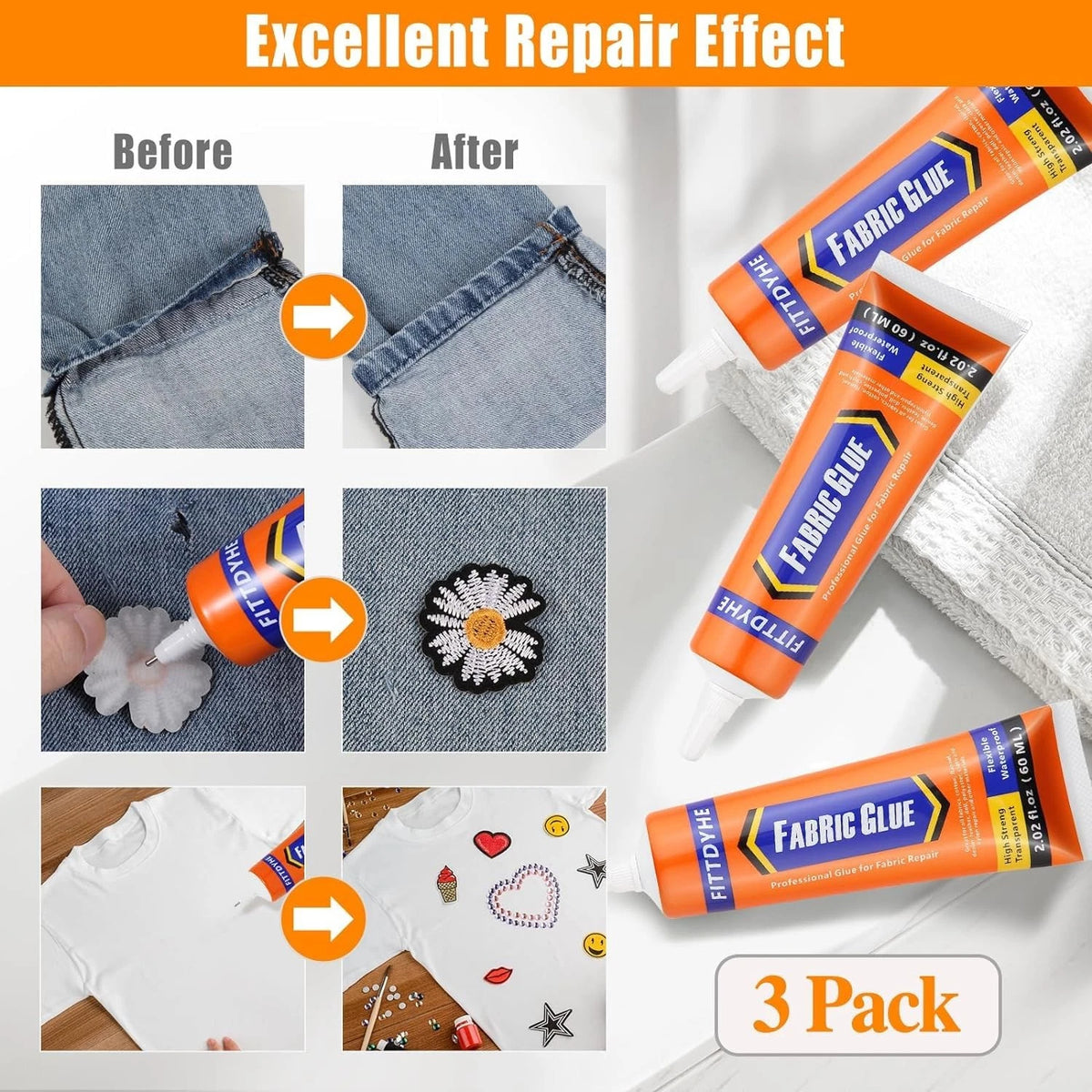 3Pcs Fabric Glue Permanent, 60 ML Washable Clear 3 count, 3 Pack , 60
