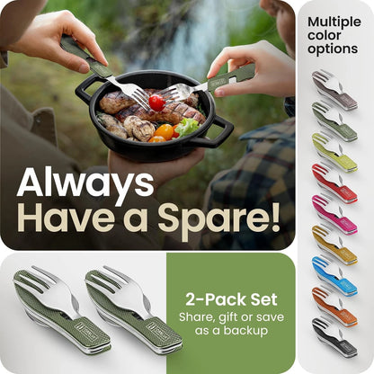 Orblue 4-in-1 Camping Eating Utensils, 2-Pack - Portable 2-PACK Olive Green