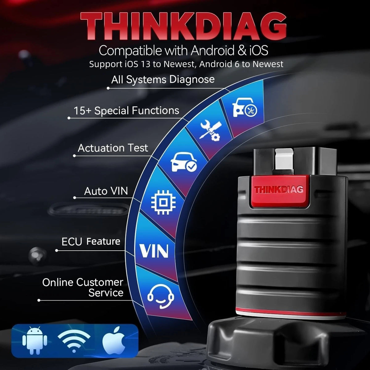 Thinkdiag OBD2 Scanner Bluetooth Full System Portable, Red and Black