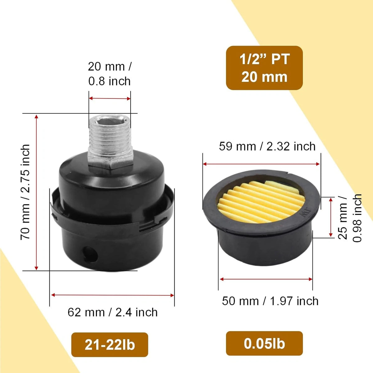 Pack of 2 Air Compressor Silencer with Replacement Elements, 1/2" Thread 1/2