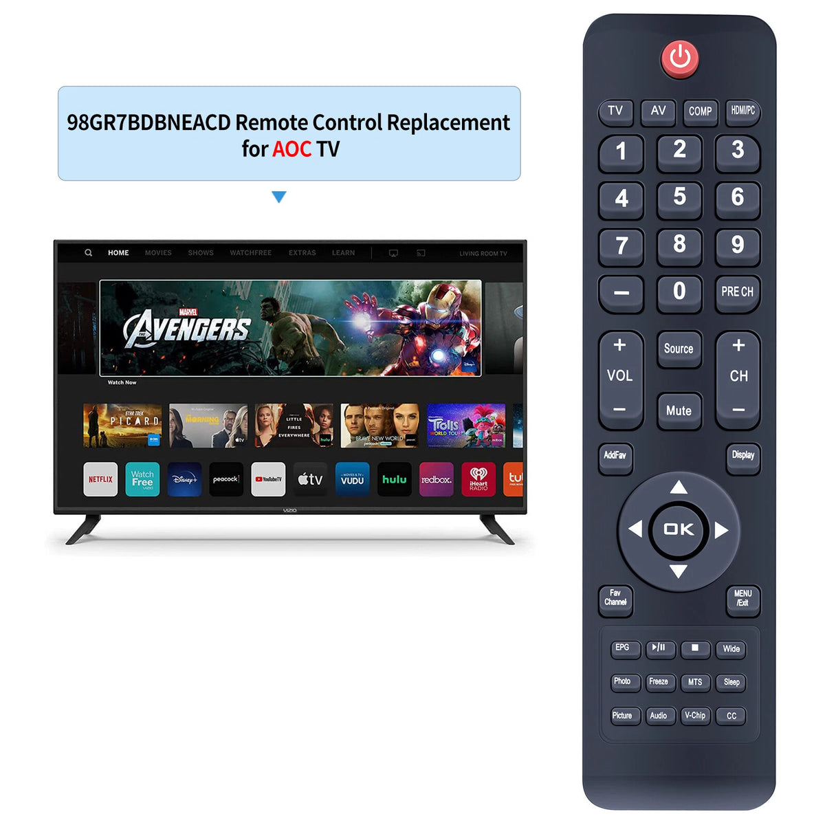 98GR7BDBNEACD Remote Control For AOC TV LC42H163 LC32W163 LC32W063 LE19W037