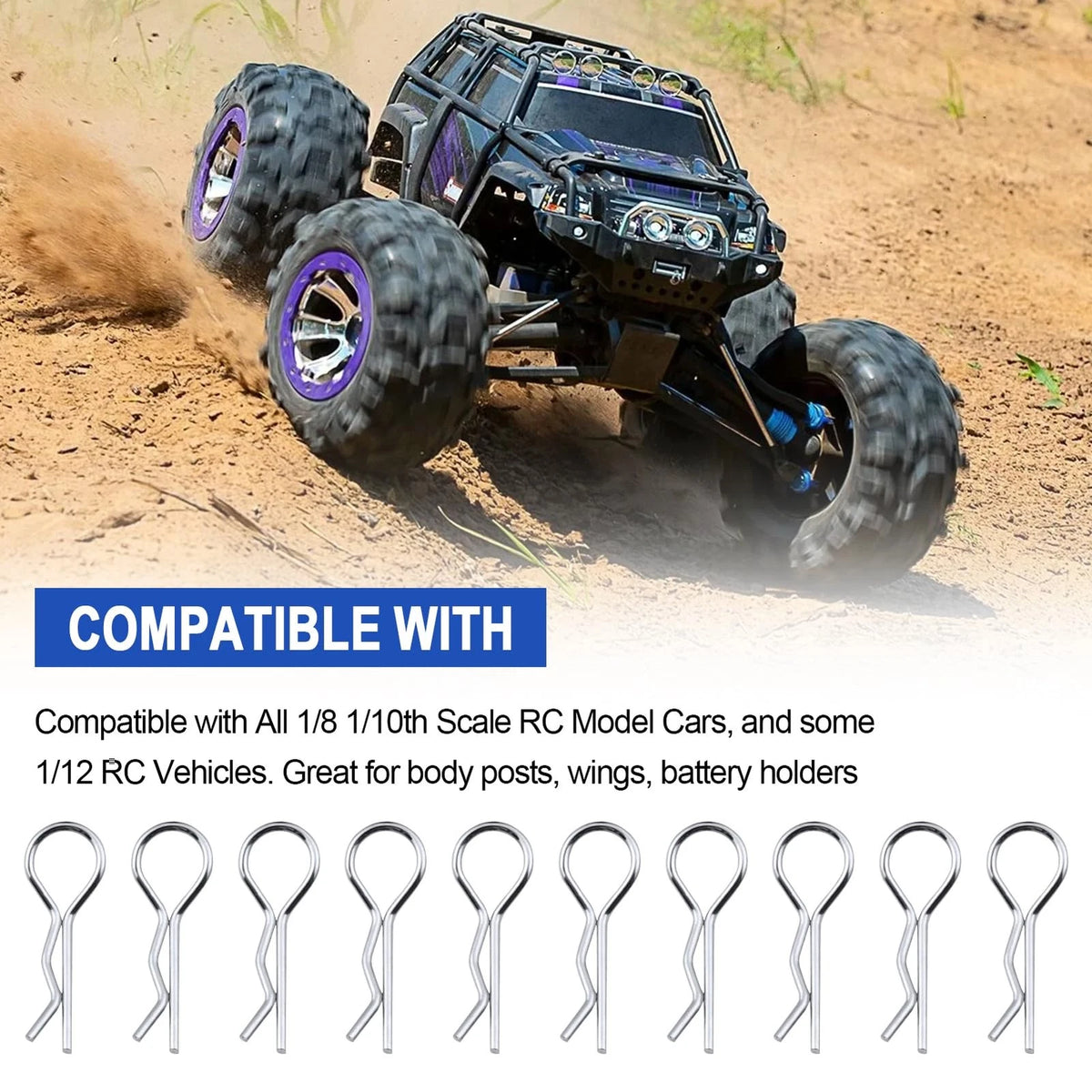 100PCS Universal RC Body Clips Pins for 0.047 inches x 0.95 inches, Silver