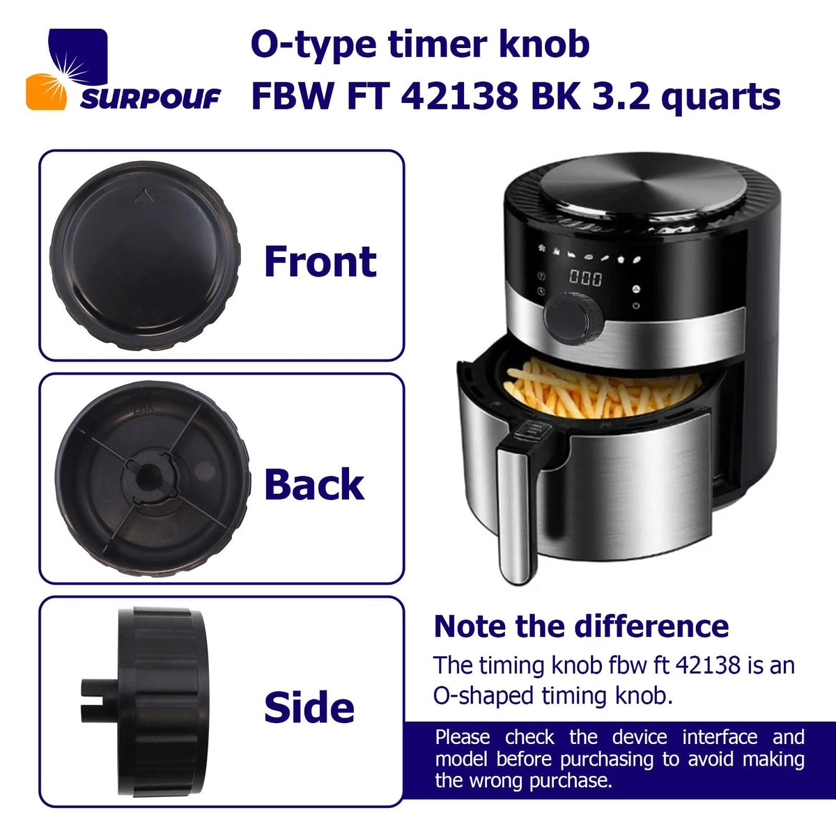 SURPOUF Timer knob FBW FT 42138 BK 3.2 Quart Fits For as pic, Black