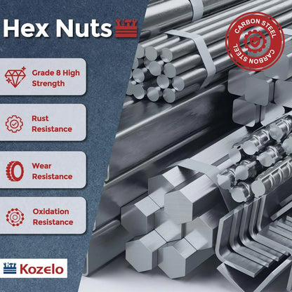 Kozelo 10pcs Hex Nuts - [3/4"-10] Carbon Steel Grade 8 Hardware 3/4"-10