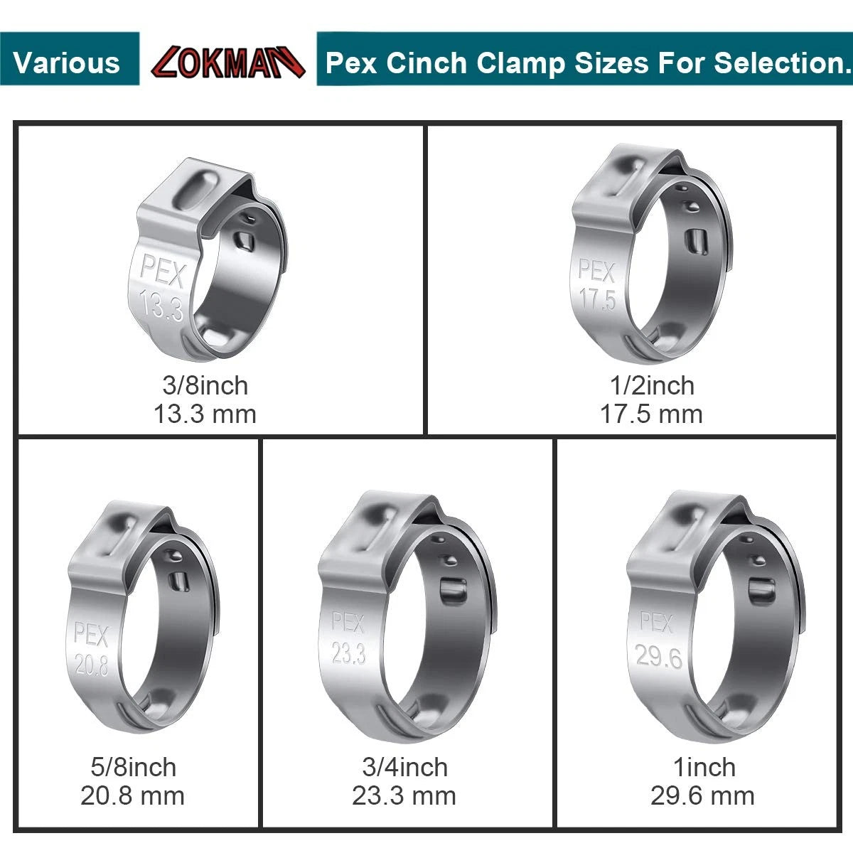LOKMAN 50 Pack 1/2 Inch PEX Cinch Clamps, Stainless Steel Inch, Metallic