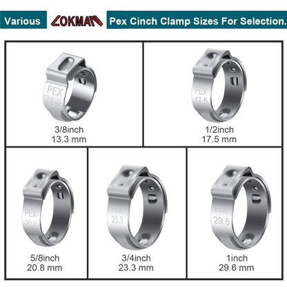 LOKMAN 50 Pack 1/2 Inch PEX Cinch Clamps, Stainless Steel Inch, Metallic