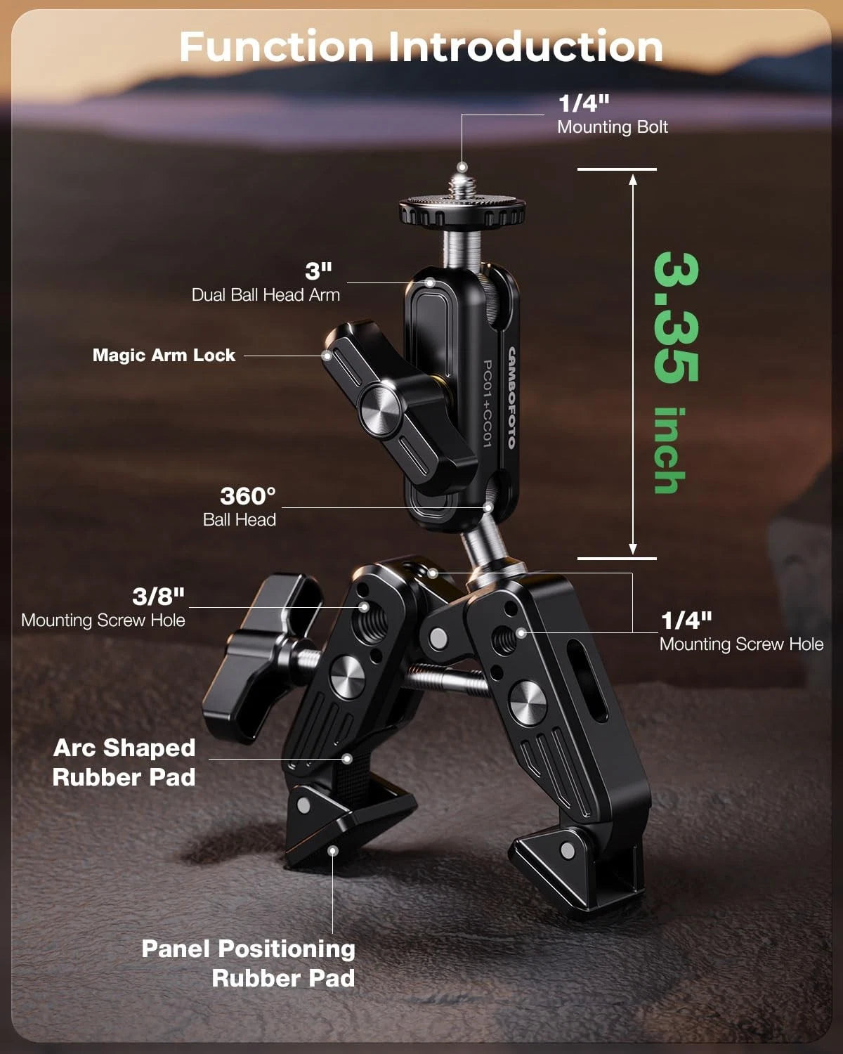 Super Clamp Camera Mount, 360° Dual Ballhead Magic Arm, 1/4"-20 & Black