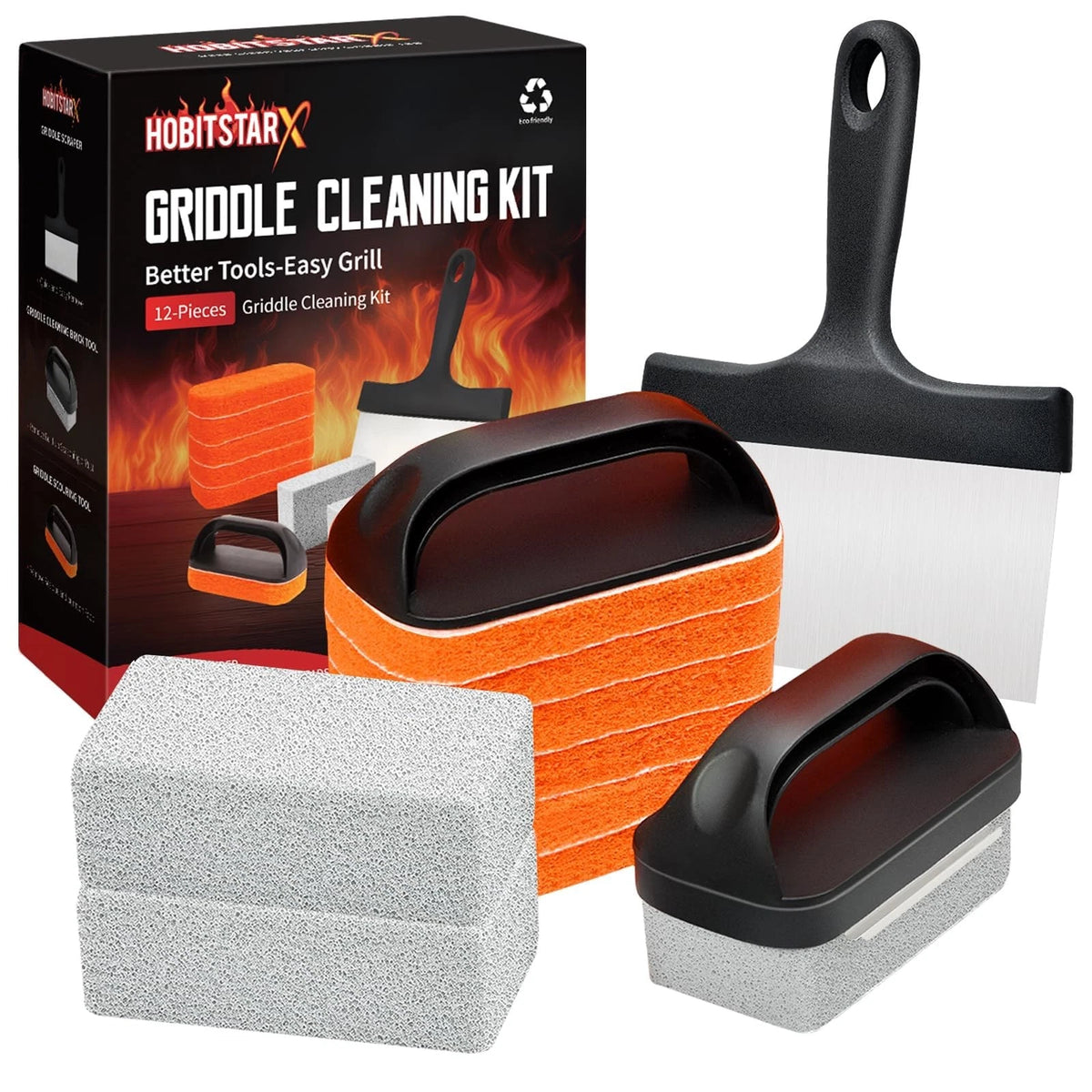 Griddle Cleaning Kit for Blackstone, Heavy-Duty Scraper & 12pcs Orange