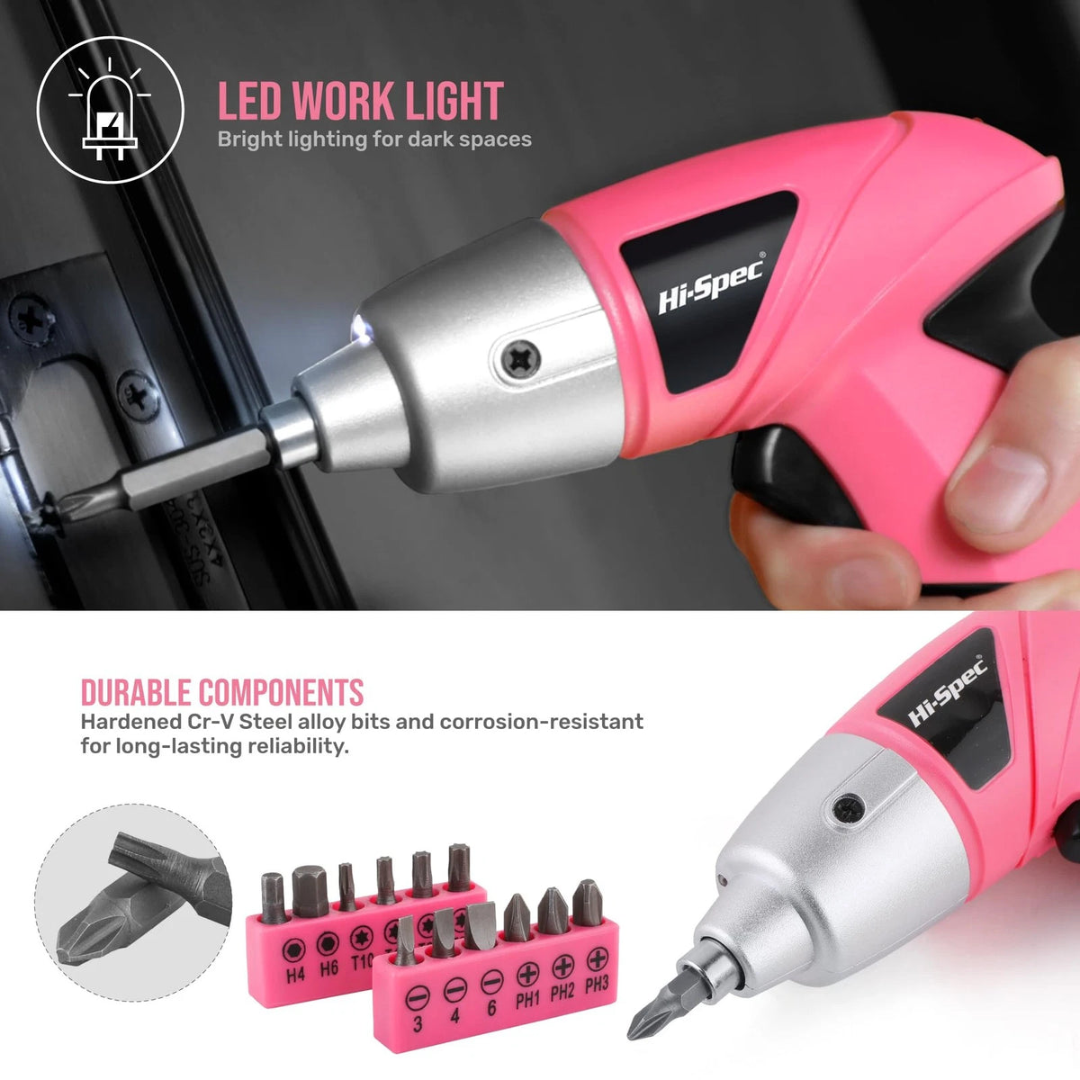 Hi-Spec Cordless Electric Screwdriver, Power Screw Driver 19pc, Light Pink