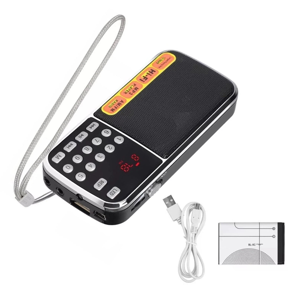 Portable Radio AM FM Digital Screen uses a rechargeable BL-5C lithium battery