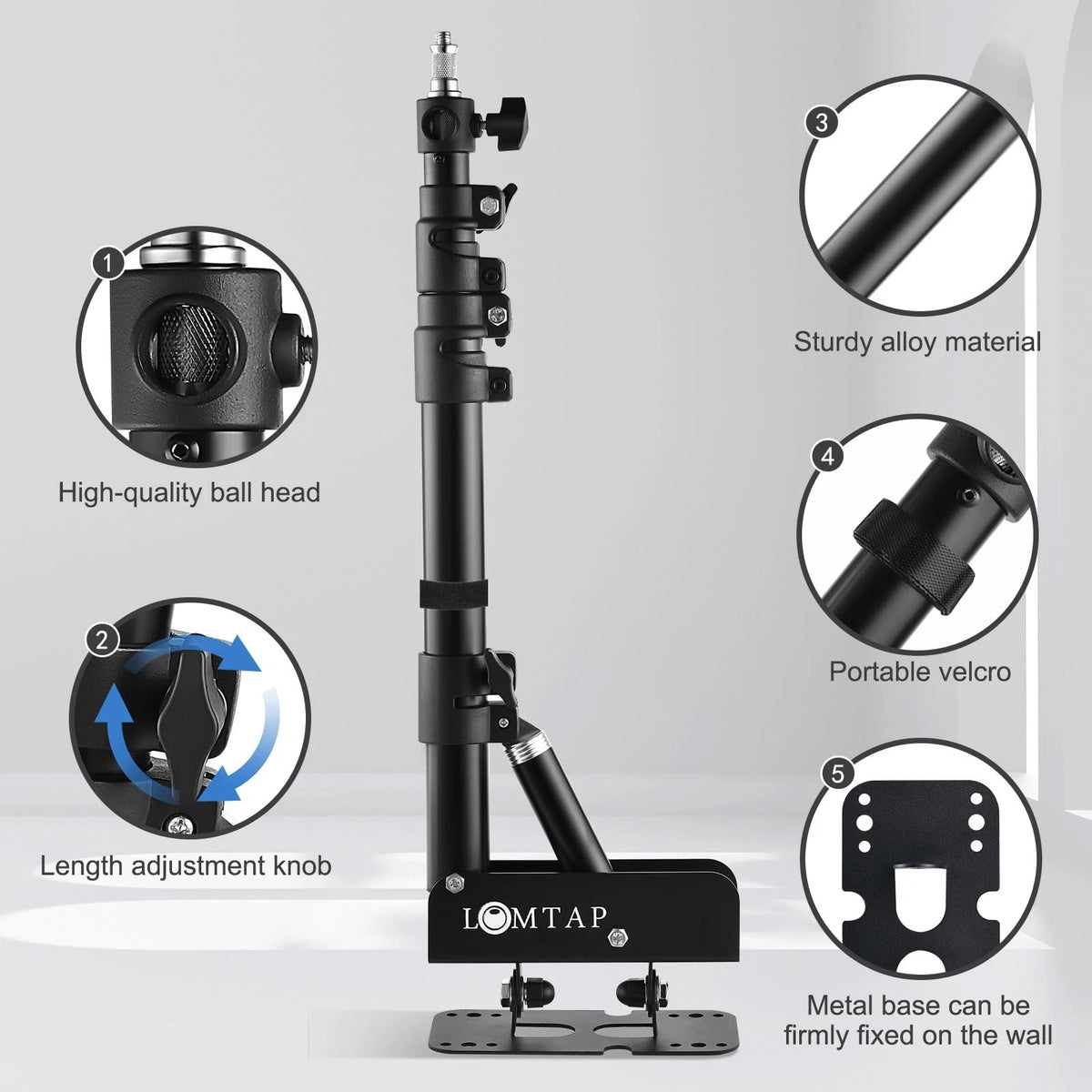 LOMTAP Ring Light Wall Mount Adjustable 45.7" Boom Arm 3.8ft, Black 3.8ft