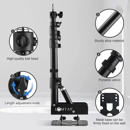 LOMTAP Ring Light Wall Mount Adjustable 45.7" Boom Arm 3.8ft, Black 3.8ft