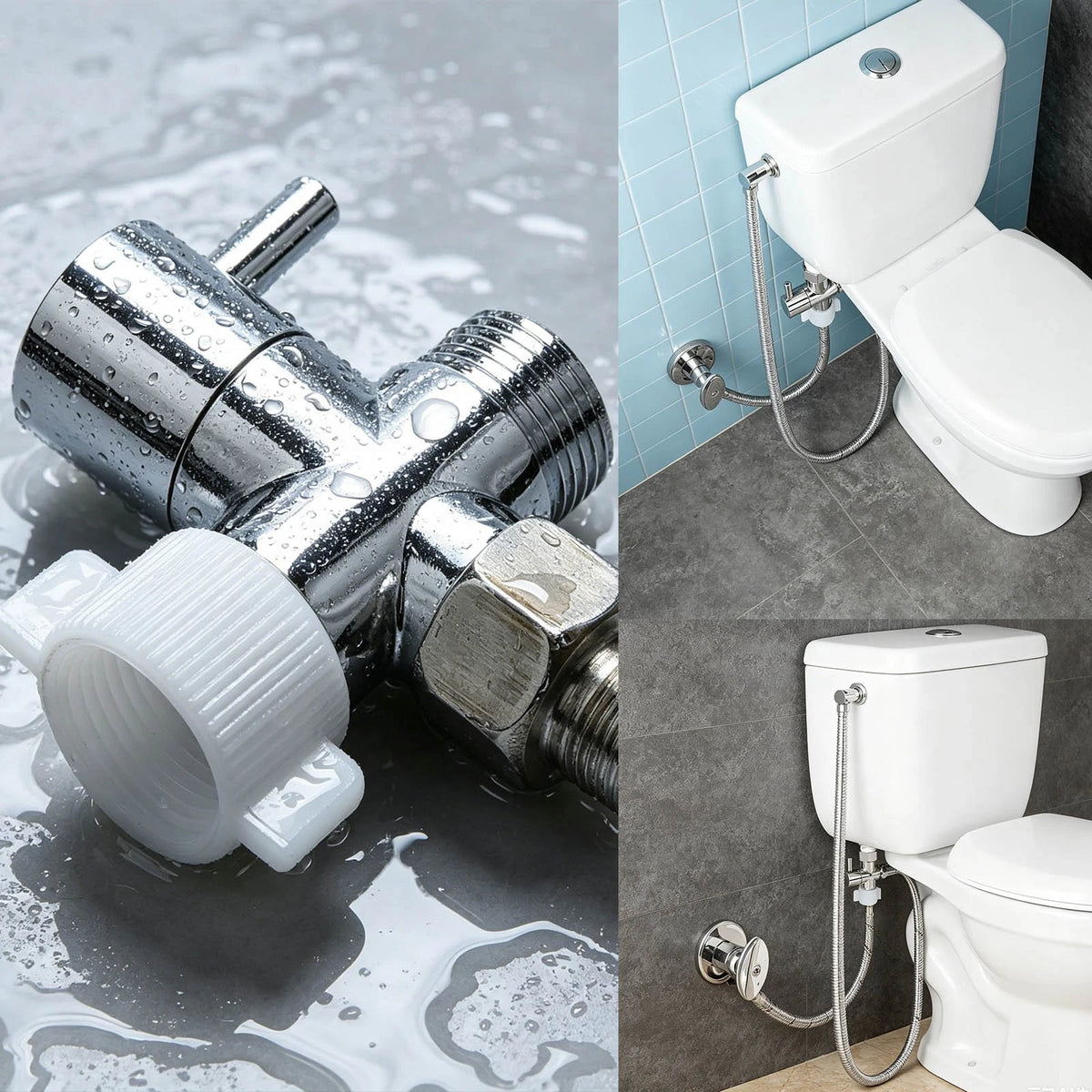 Single Lever 3-Way T Adapter Valve 90° Control for Cloth Diaper Sprayer Silver