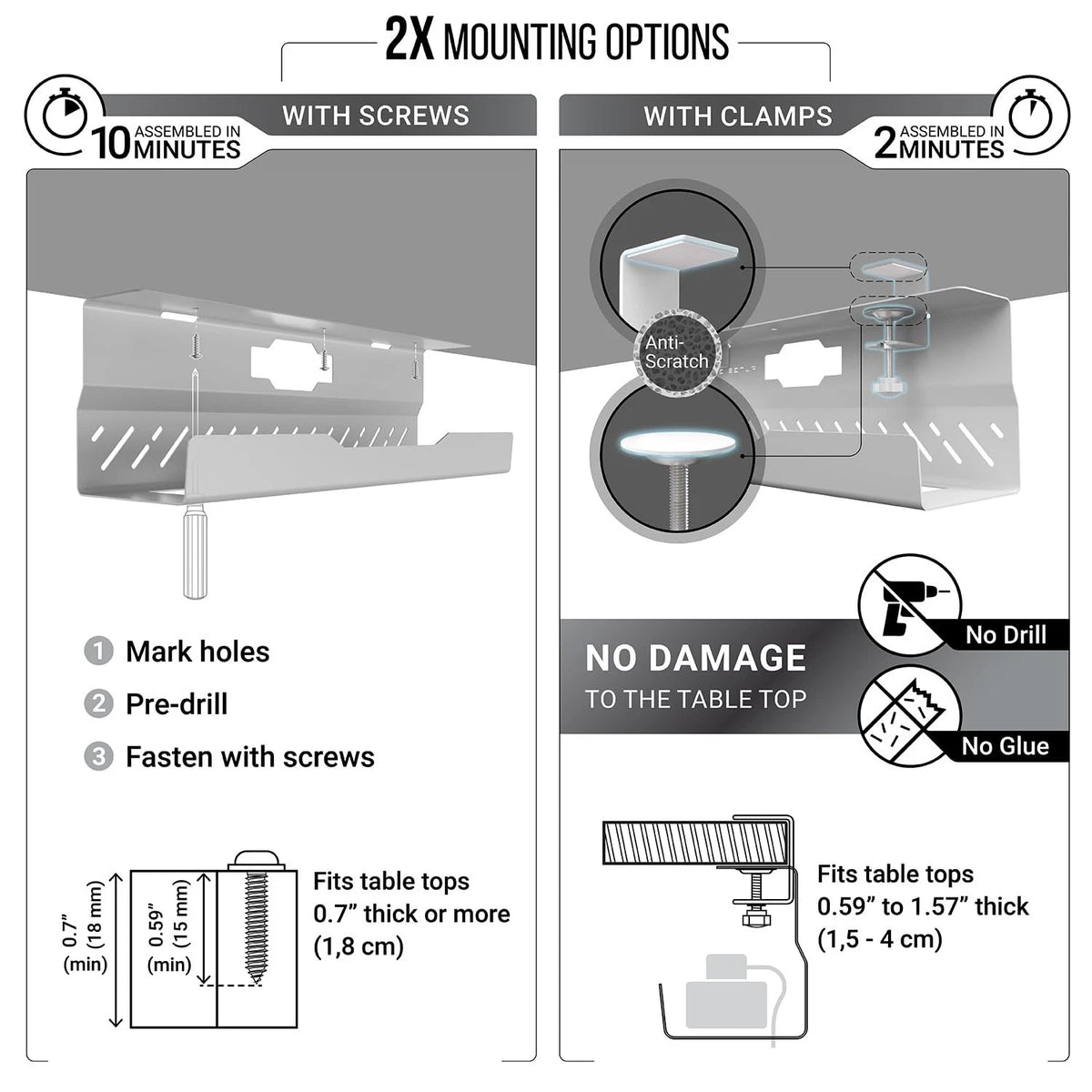 Under Desk Cable Management Tray no Drill – Wire 2 pieces set, White