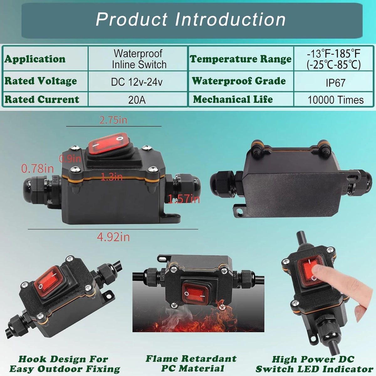 12V Inline Cord Switch IP67 Waterproof, Outdoor ON/Off Toggle DC...