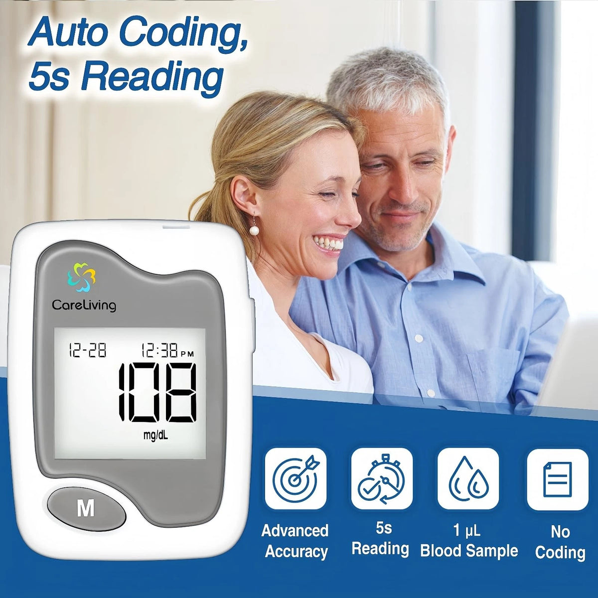 CareLiving BGM101 Blood Glucose Monitor Kit, 100 Test Strips, 100 gray