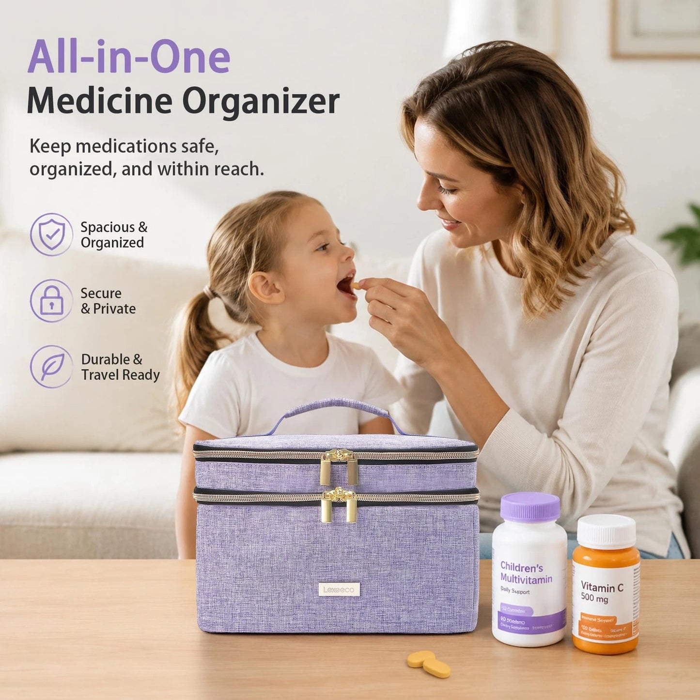 Lexeeco Medicine Storage Bag Pill Bottle Organizer with Small, Purple