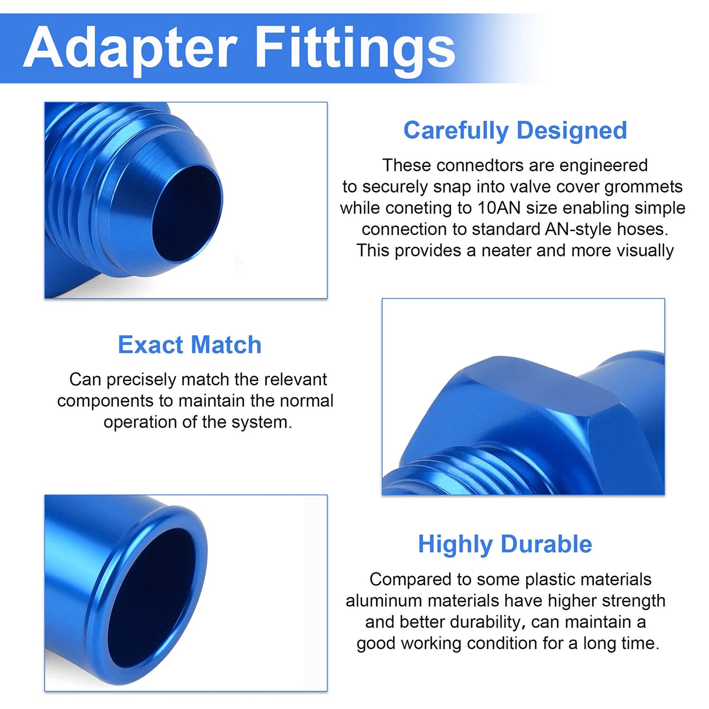 2-Pack SBC 10AN Valve Cover Adapter Aluminum Fittings for Push-In Grommet Blue