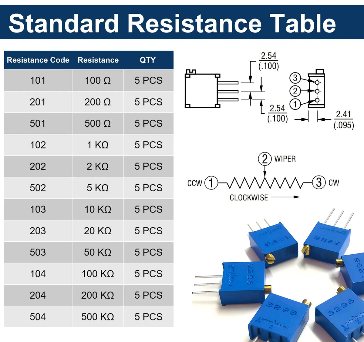 3296W Multiturn Trimmer Potentiometer Kit, 12 Values from 100Ω to 500KΩ 60Pcs