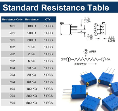 3296W Multiturn Trimmer Potentiometer Kit, 12 Values from 100Ω to 500KΩ 60Pcs