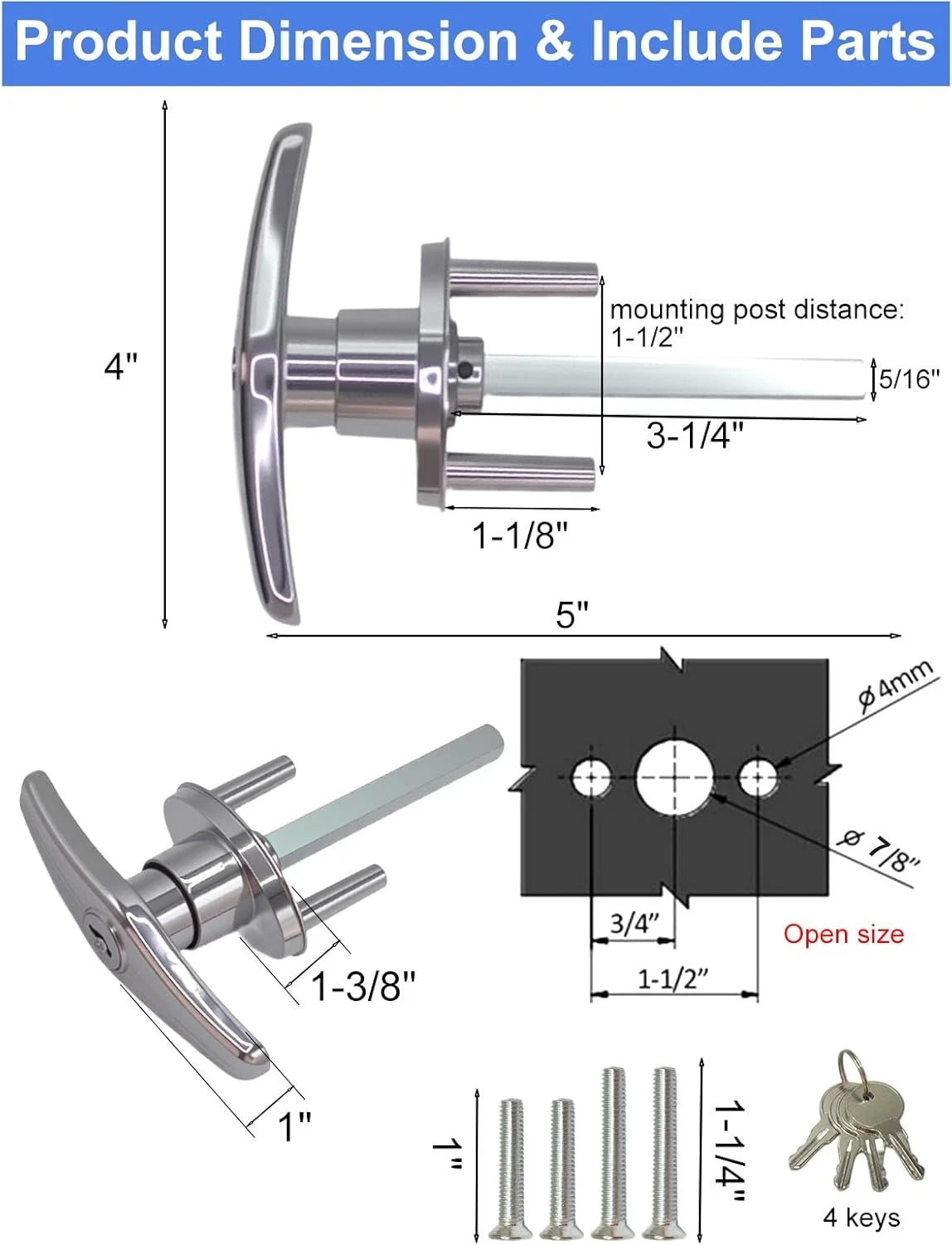 Garage Door Lock T-Handle Locks Latch Replacement Parts with 4 Keys, Nickle