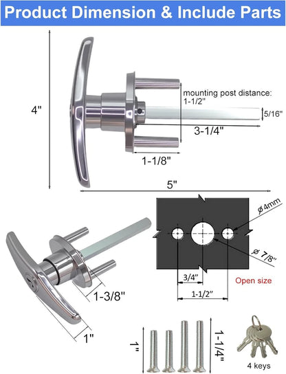 Garage Door Lock T-Handle Locks Latch Replacement Parts with 4 Keys, Nickle