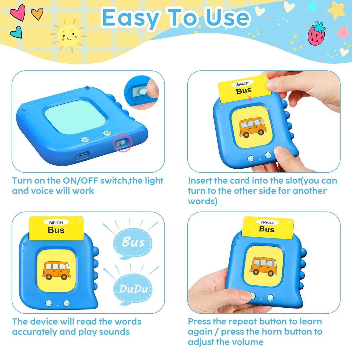 Talking Flash Cards,Kids Toddler Cards with 240 Sight 1, Blue