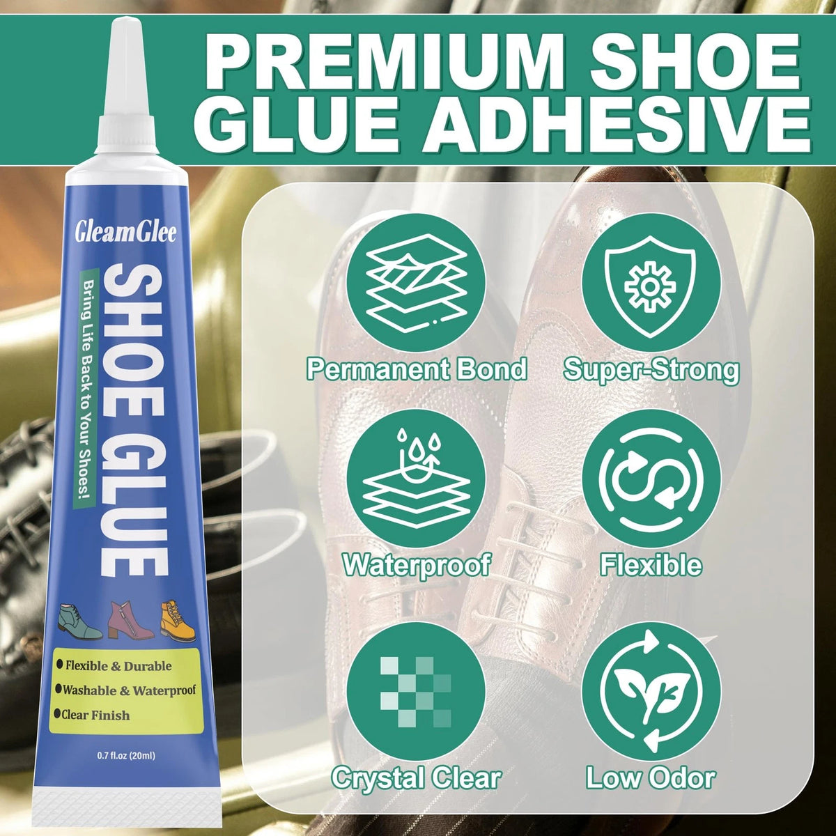 Shoe Glue, Professional Grade Flexible Repair Adhesive - 20ml x 2, Clear