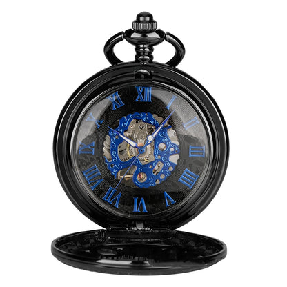 Mens Skeleton Mechanical Pocket Watch Hollow half Hunter Pocket Watch with Chain
