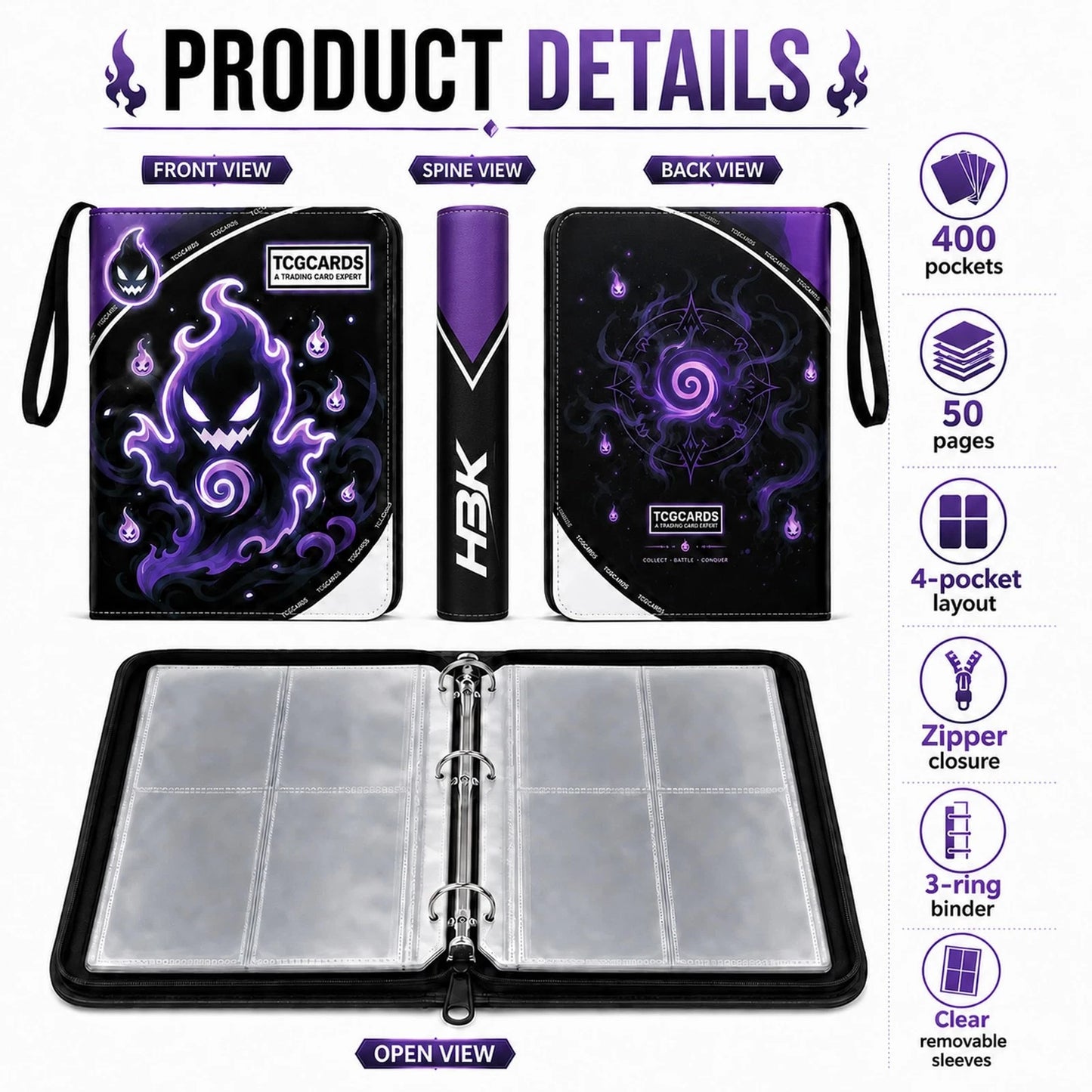 HBK 400 Pockets TCG Card Binder, PU Leather Holder 400 Pockets, GHOST