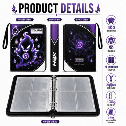 HBK 400 Pockets TCG Card Binder, PU Leather Holder 400 Pockets, GHOST