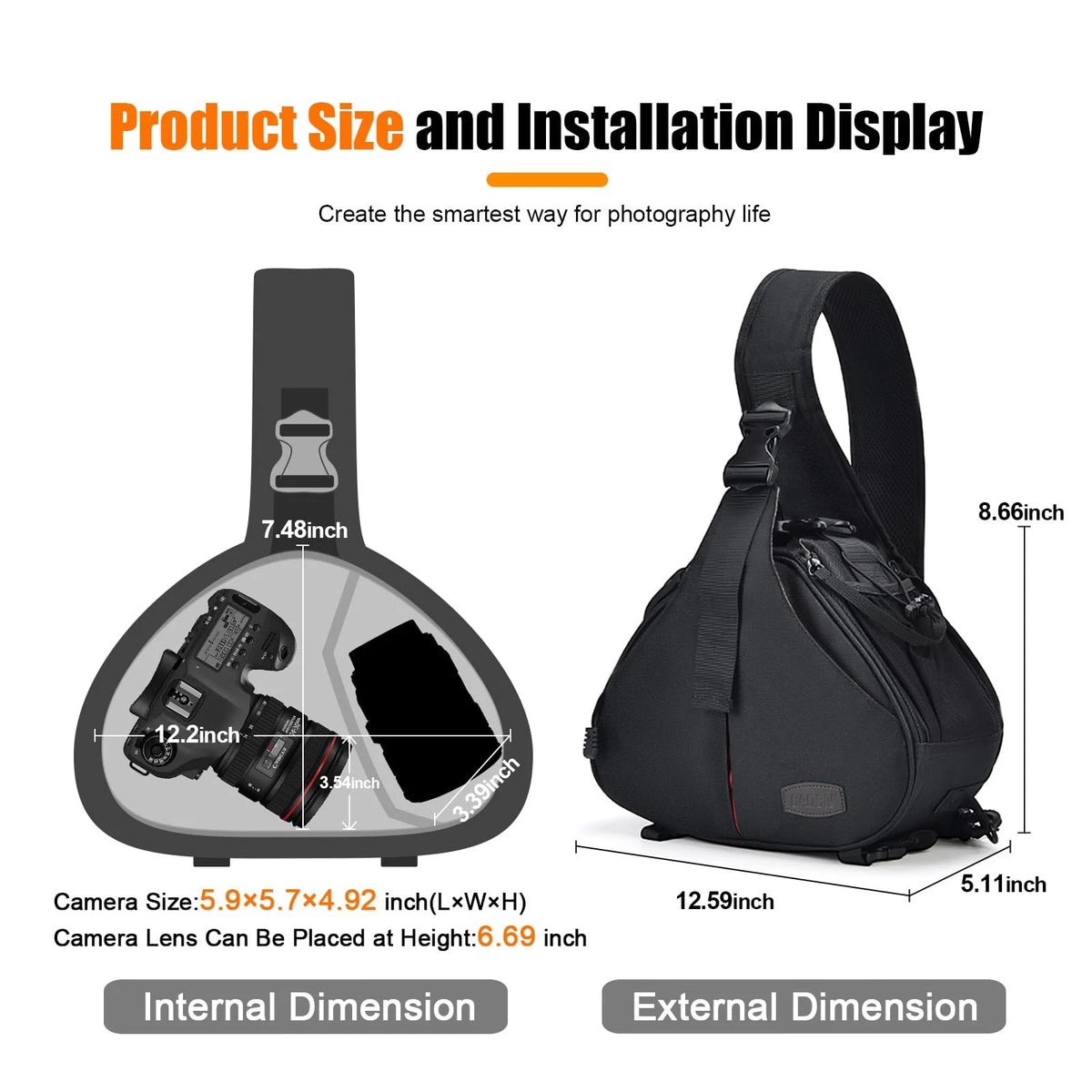 CADeN Camera Bag Sling Backpack Case Waterproof with Rain Small, Black