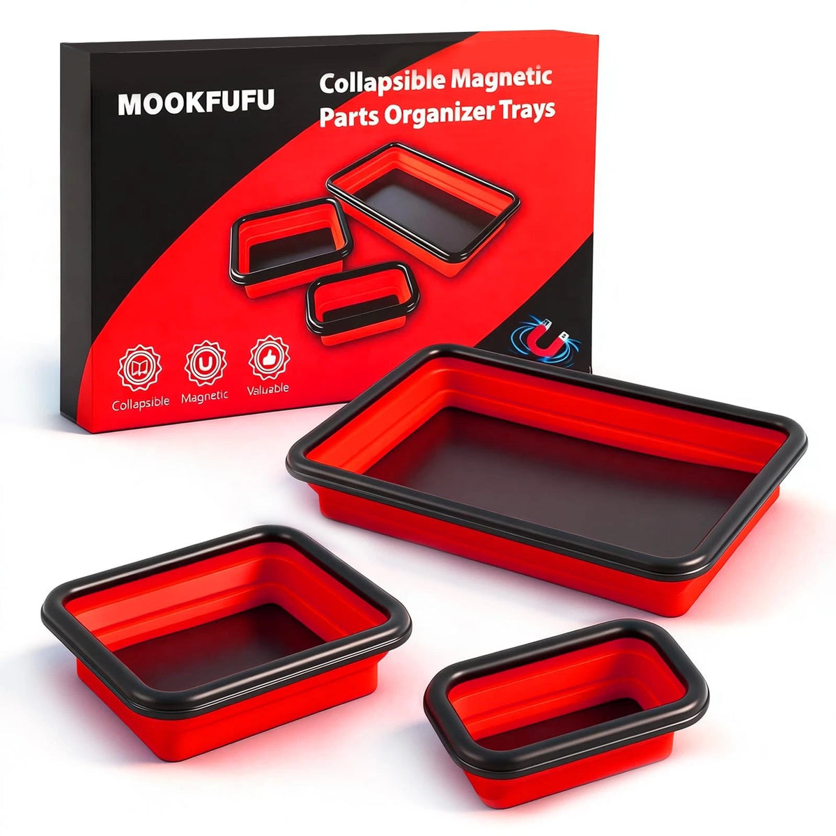 Collapsible Magnetic Parts Tray Set with Extra Strong Magnet Up to 18LB, Red