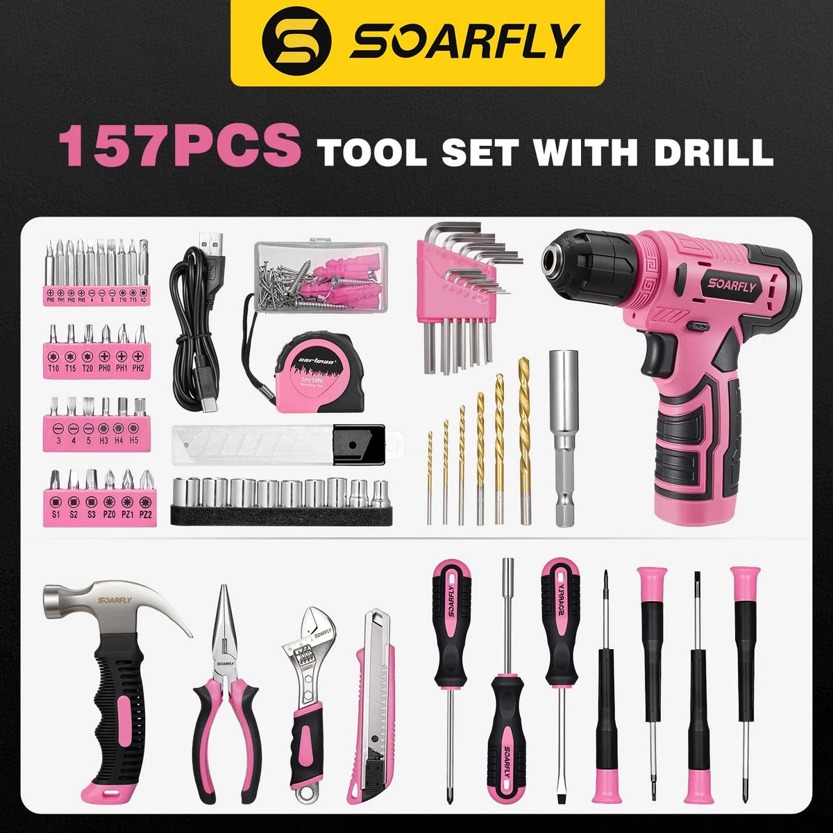 Tool Set, Kit for Home, 8V Cordless Drill 157PCS with Pink