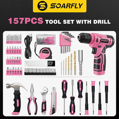 Tool Set, Kit for Home, 8V Cordless Drill 157PCS with Pink