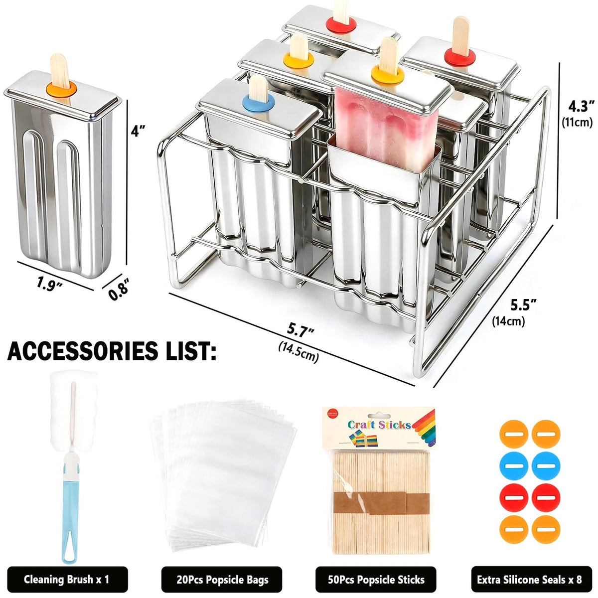 Popsicle Molds Set 6 Pieces Stainless Steel Ice 6.9in x 4.4in x 6.7in, Silver