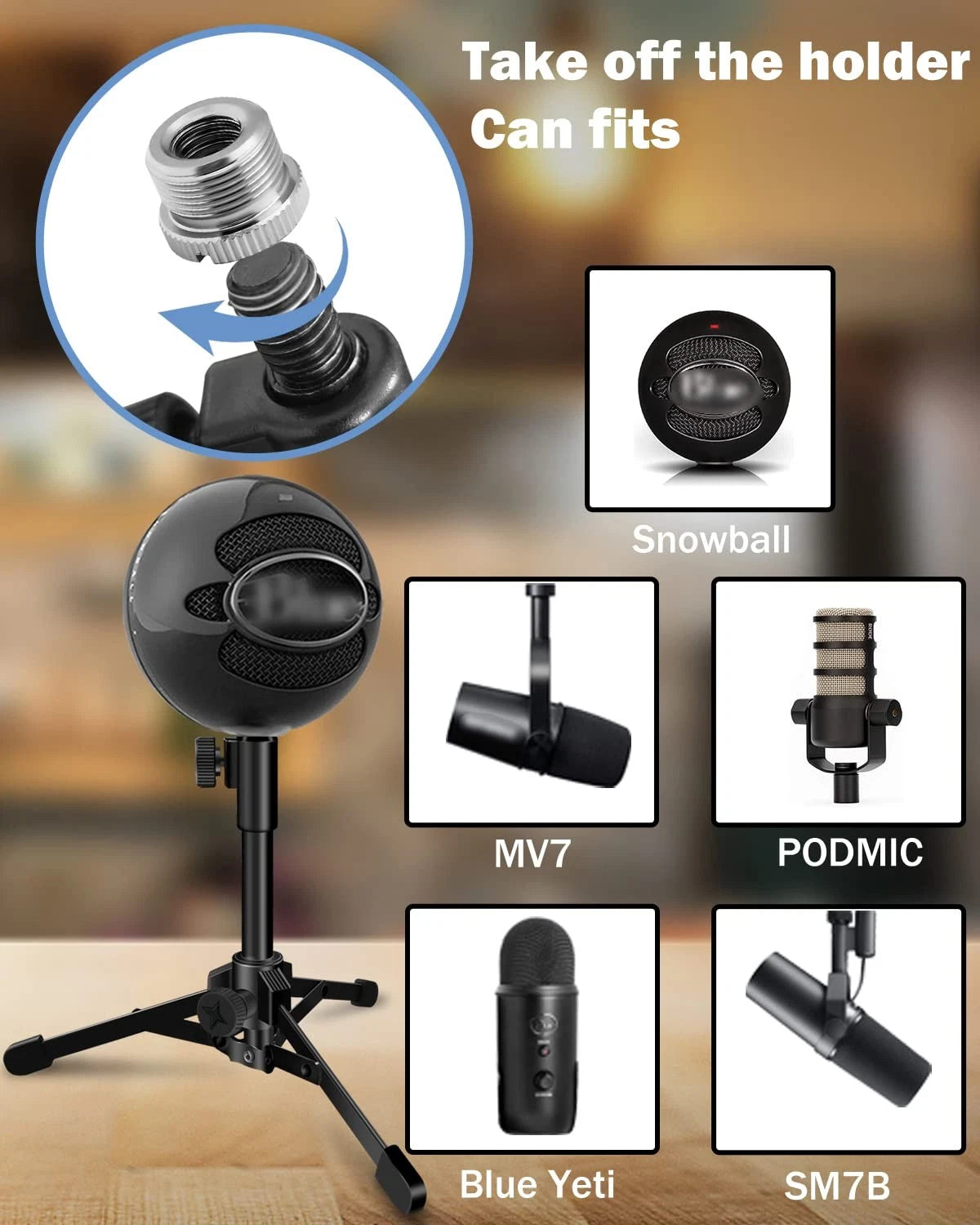 Mictop Desktop Mic Stand Portable Foldable Tripod with Clip Holder Black