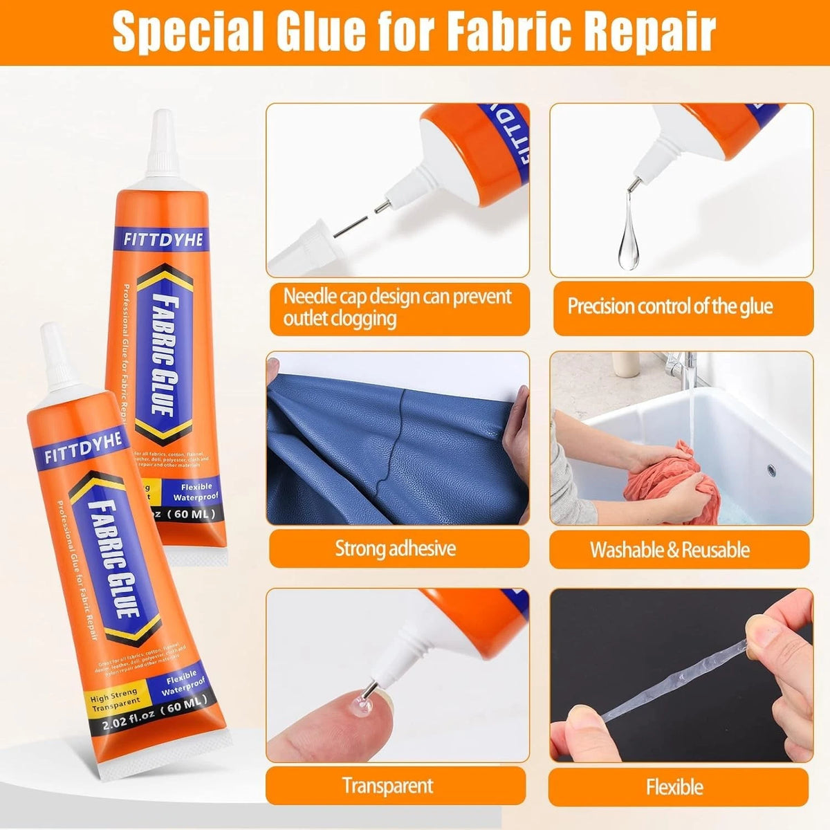 3Pcs Fabric Glue Permanent, 60 ML Washable Clear 3 count, 3 Pack , 60